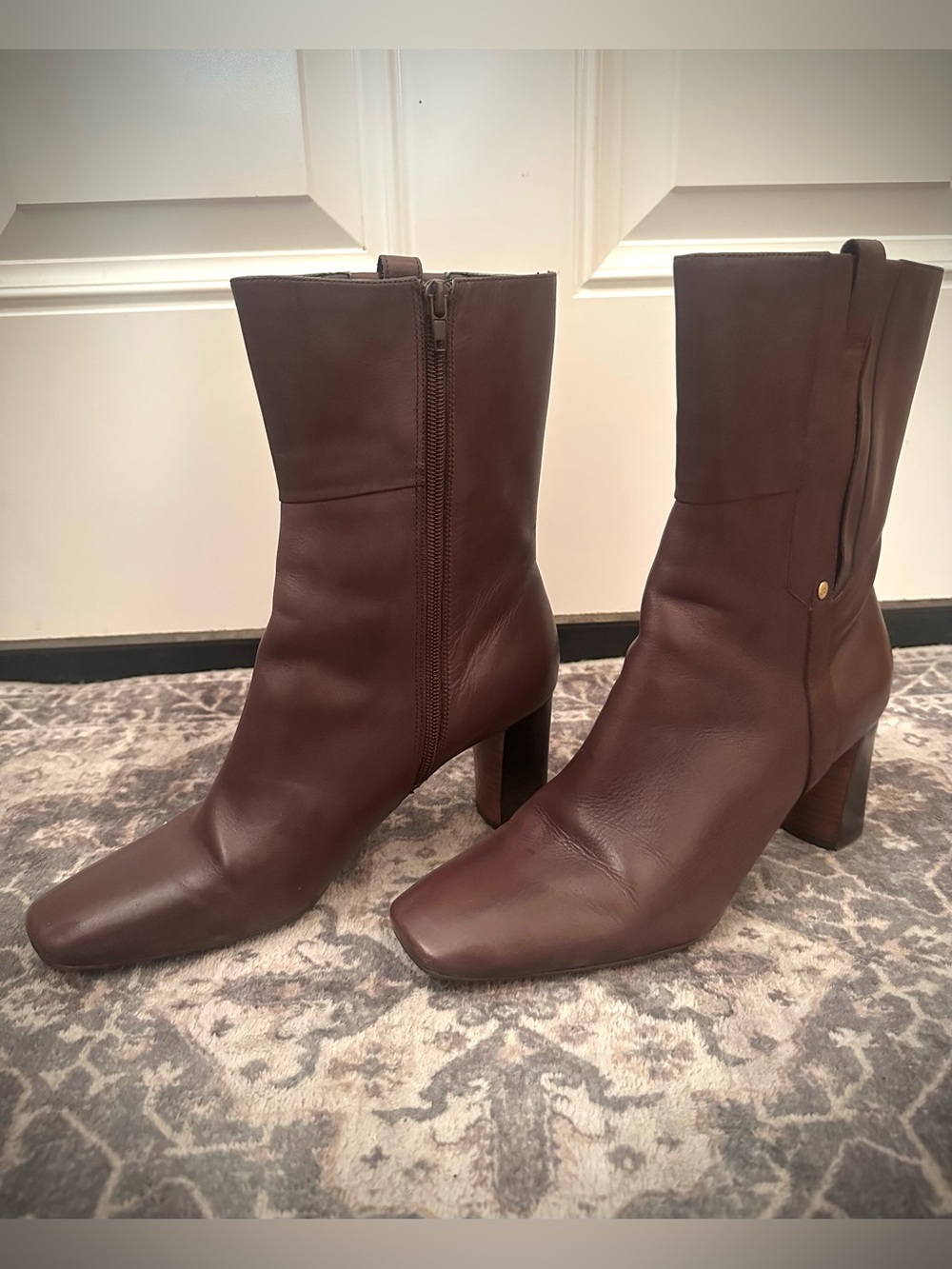 Vintage Nine West Ealene Brown Leather Square Toe Block Heel Mid-Calf Boots 8.5M